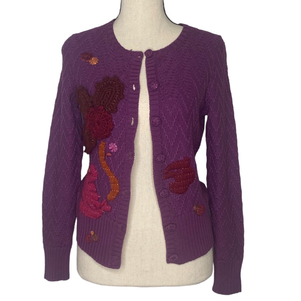 Michael Simon Knit Embroidered Crocheted Cardigan Button Sweater